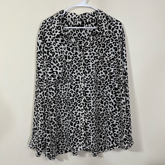 Talbots Black White Cheetah Print Semi Sheer Button Down Blouse - Picture 1 of 8